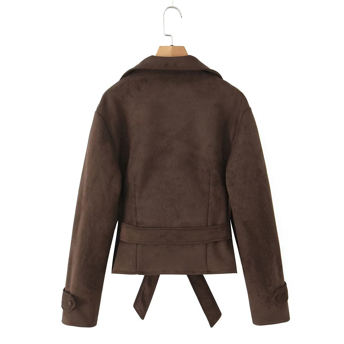 Women's Short Suede Look Jacket with Waist Belt and Lapel Collar Chichicherry