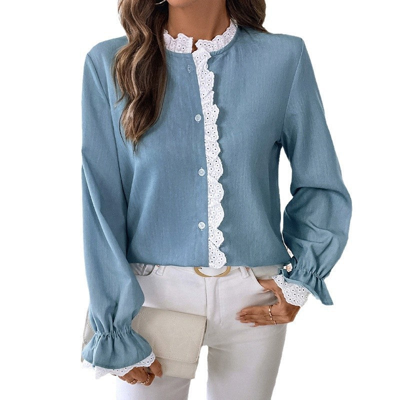 Women's Loose-Fitting Viscose Blouse with Lace Trim and Stand-Up Collar Chichicherry