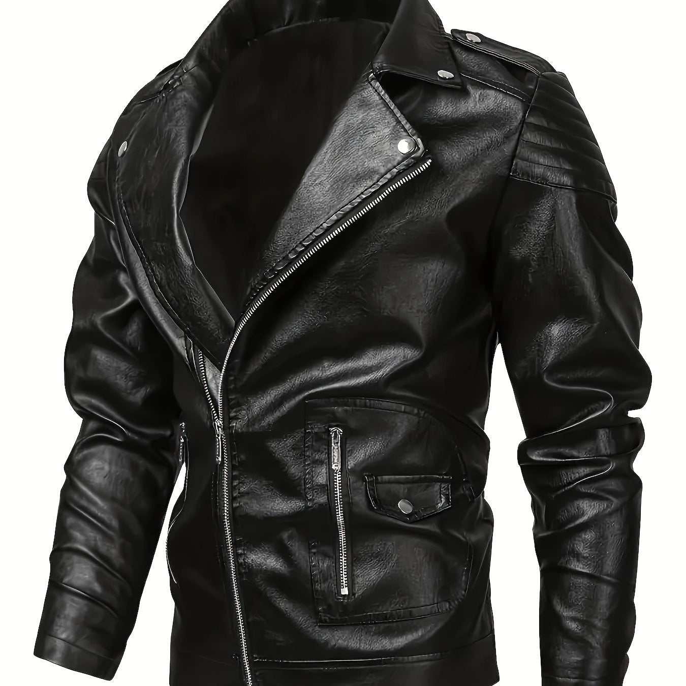Men's Asymmetrical Biker Jacket made of Faux Leather with Quilted Shoulder Padding and Utility Pockets Chichicherry