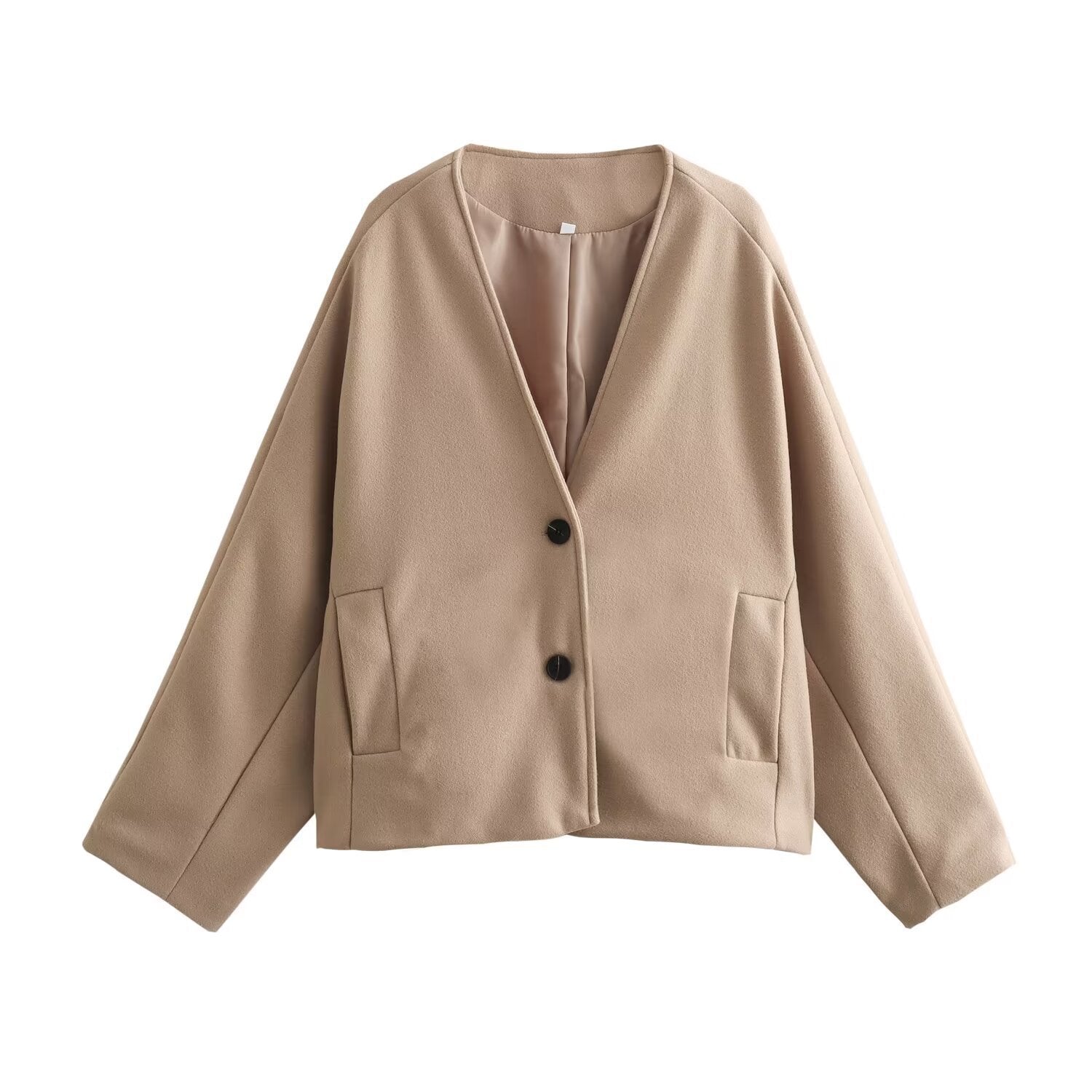 Ladies short coat made of wool blend with oversized silhouette, V-neck and double button closure Chichicherry