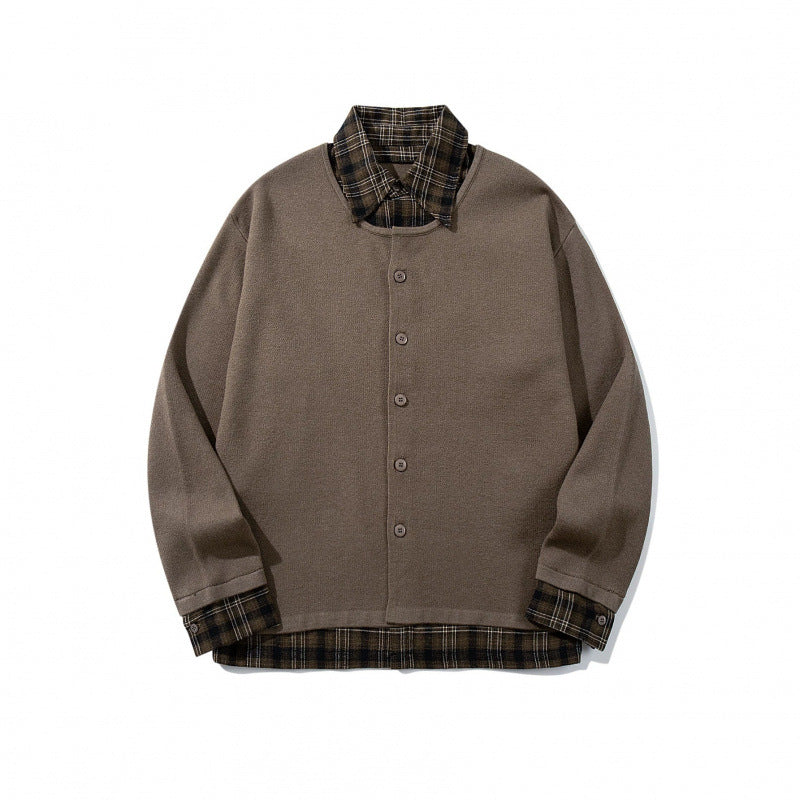 Unisex Layering Set made of checked blouse and open knit cardigan Chichicherry