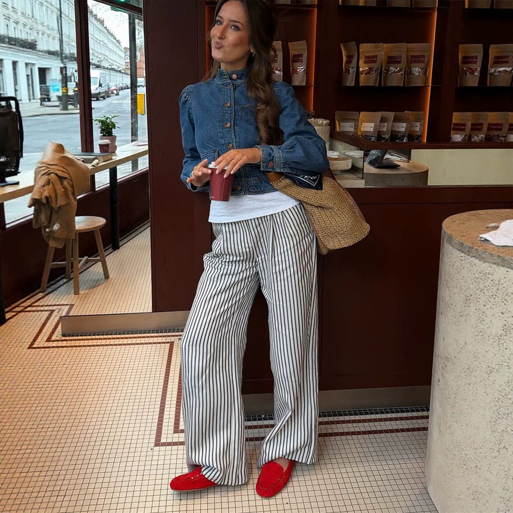 Women Wide Striped Palazzo Pants with High Waist and Flowing Viscose Quality Chichicherry