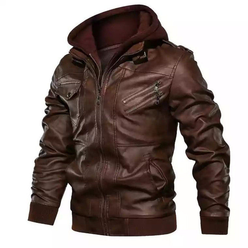 Men's Faux Leather Bomber Jacket with Hood Lining, Multiple Zipper Pockets and Ribbed Cuffs Chichicherry