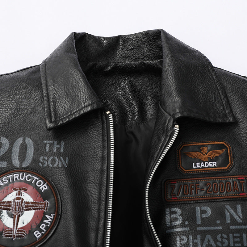 Men's pilot bomber jacket in aviator look made of synthetic leather with appliqués and ribbed cuffs Chichicherry