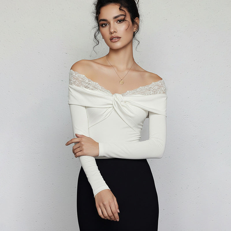 Women's figure-hugging long sleeve bodysuit with off-the-shoulder neckline, lace trim, and knot front detail
