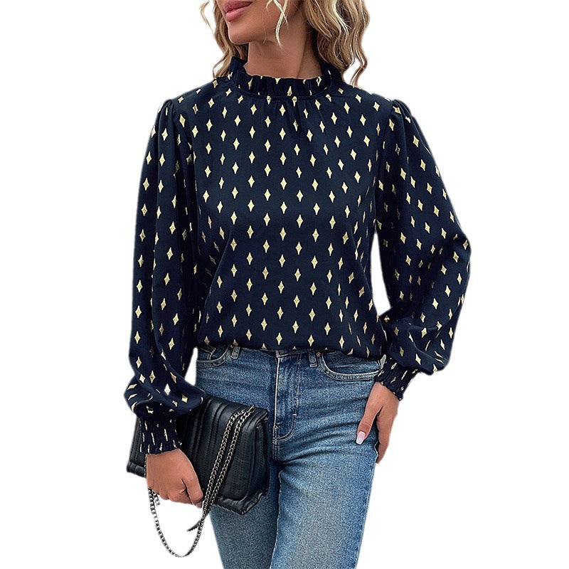 Women's Elegant Chiffon Blouse with Diamond Print, Gathered Stand Collar and Balloon Sleeves Chichicherry