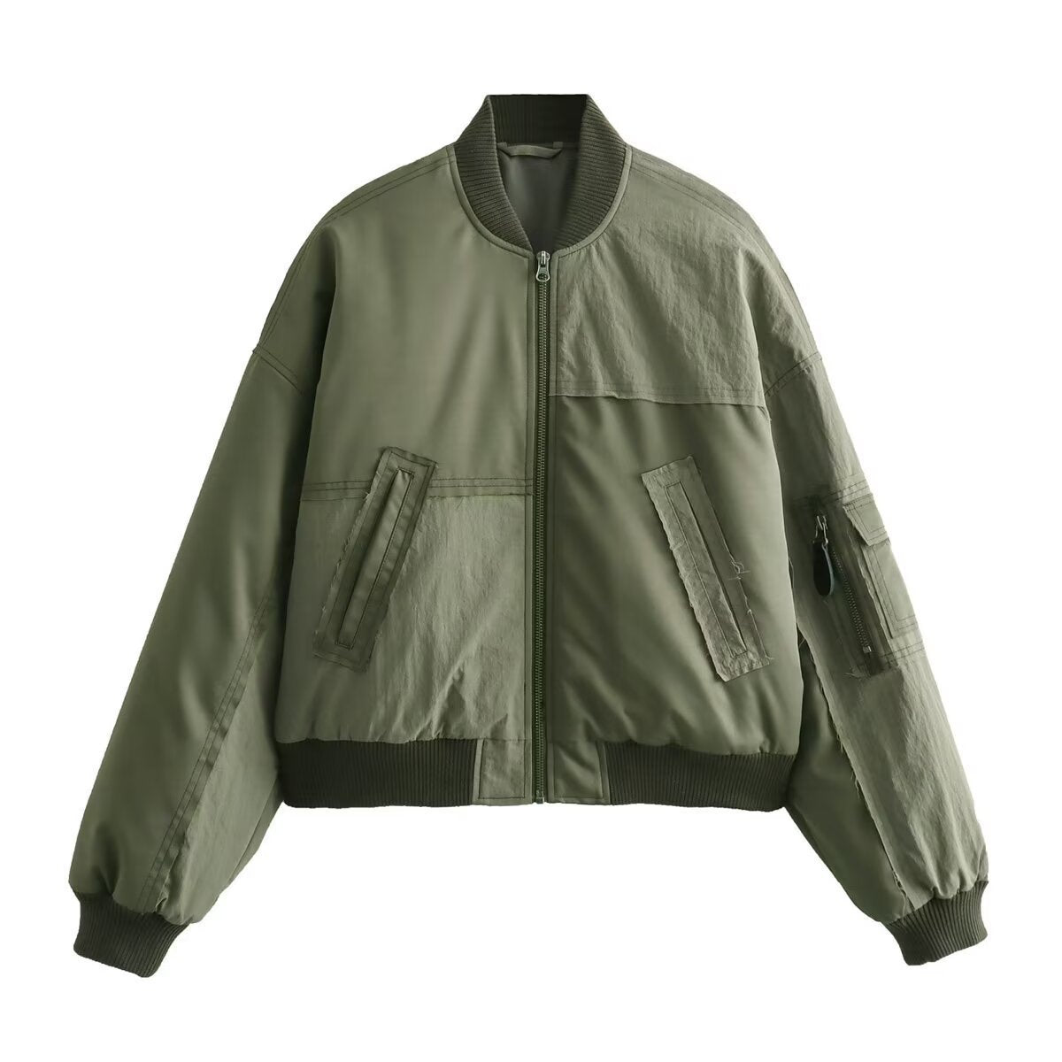 Women's Short Oversized Bomber Jacket with Utility Pockets and Ribbed Cuffs Chichicherry