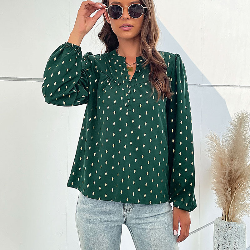 Women's Lightweight Viscose Blouse with Delicate Ikat Print, Stand Collar and Decorative Button Placket Chichicherry