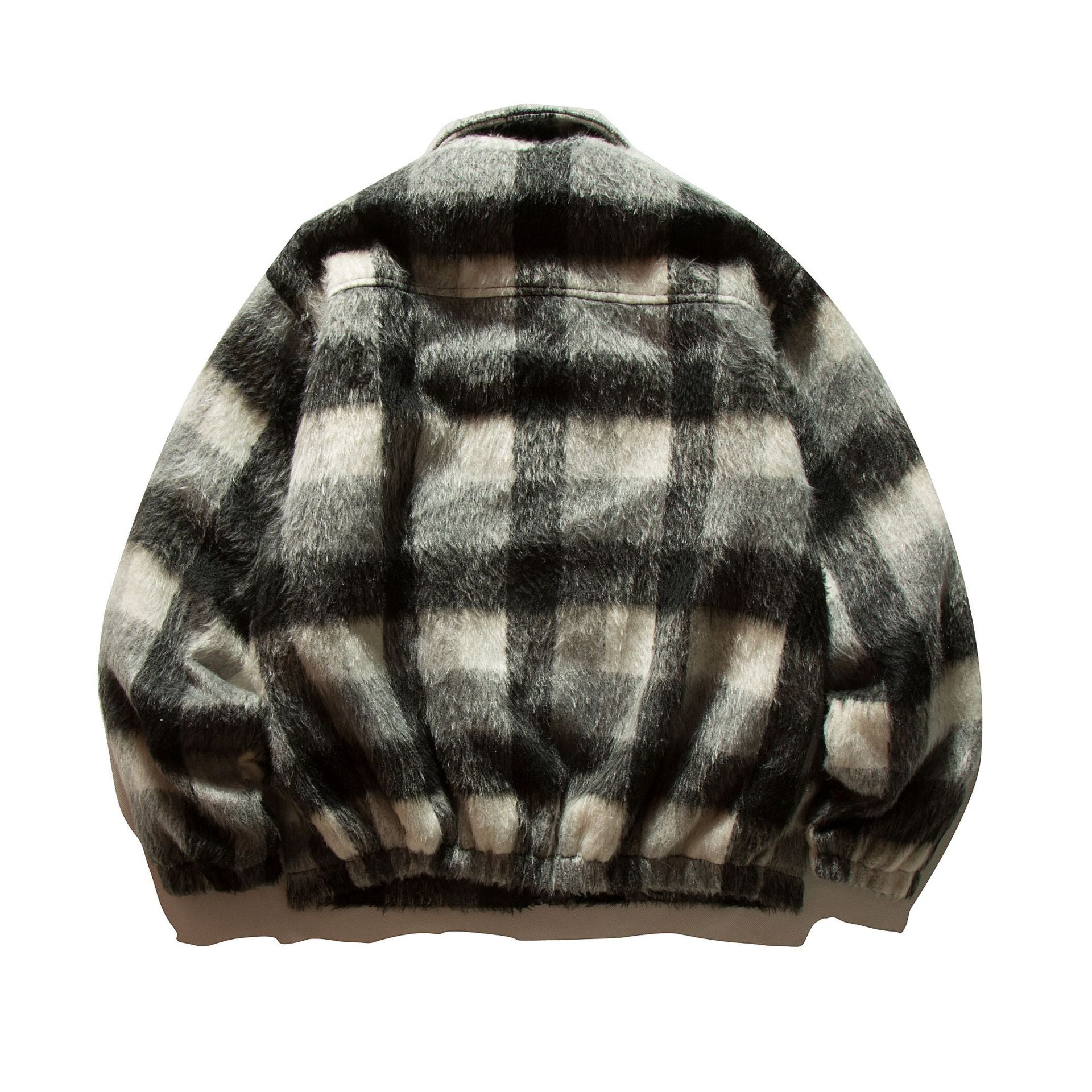 Unisex Short-cut checkered faux fur bomber jacket with stand-up collar and concealed zipper Chichicherry