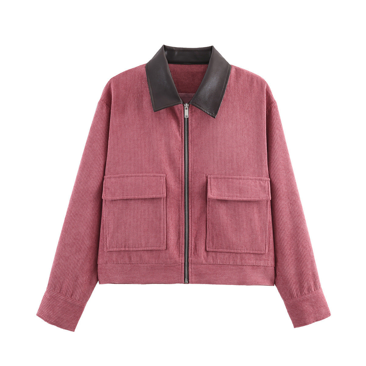 Women short-cut ribbed cardigan with contrast collar, patch pockets and zipper Chichicherry