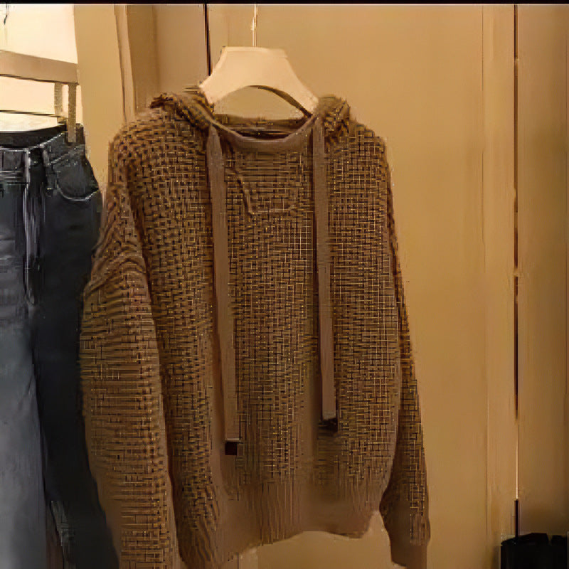 Damen Grob gestrickter Kapuzenpullover mit Waffelstruktur und Kordelzug Chichicherry
