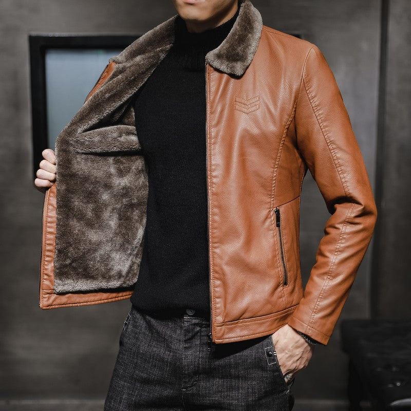 Men's Casual Leather Look Jacket with Teddy Collar, Zipper Pockets and Slim Silhouette Chichicherry