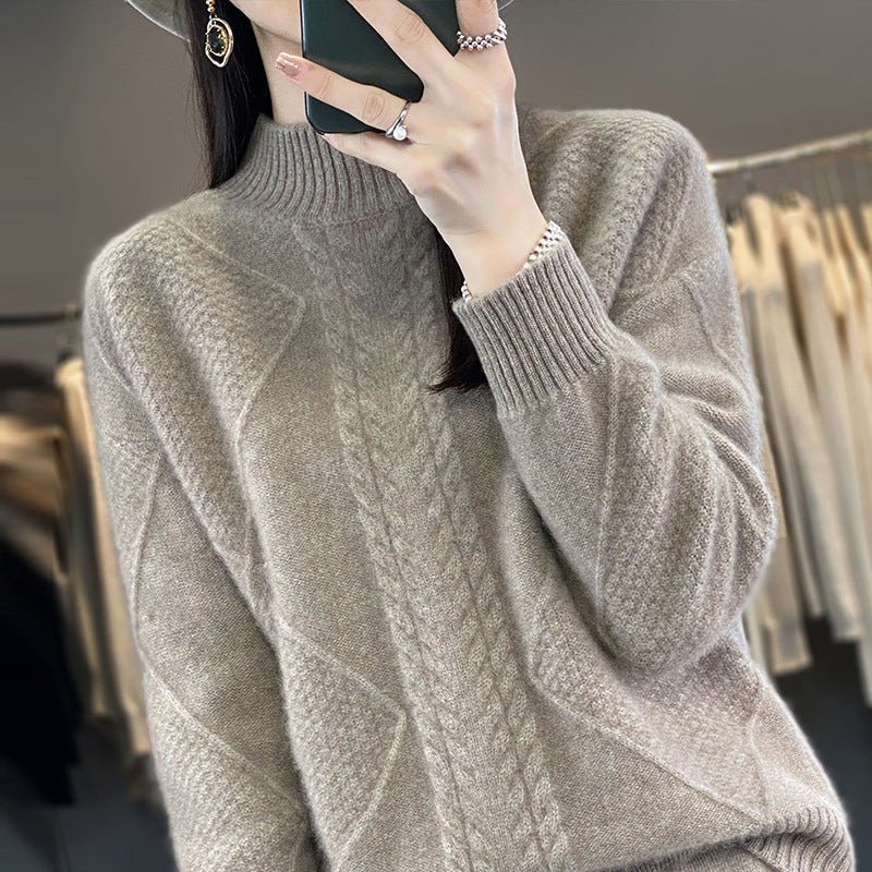 Women's Soft Cable Knit Mock Neck Sweater with Structure Patches and Fluffy Mohair Look Chichicherry