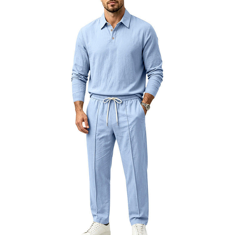 Men's Lightweight Linen Lounge Set with Henley Collar and Elastic Waist Pants Chichicherry