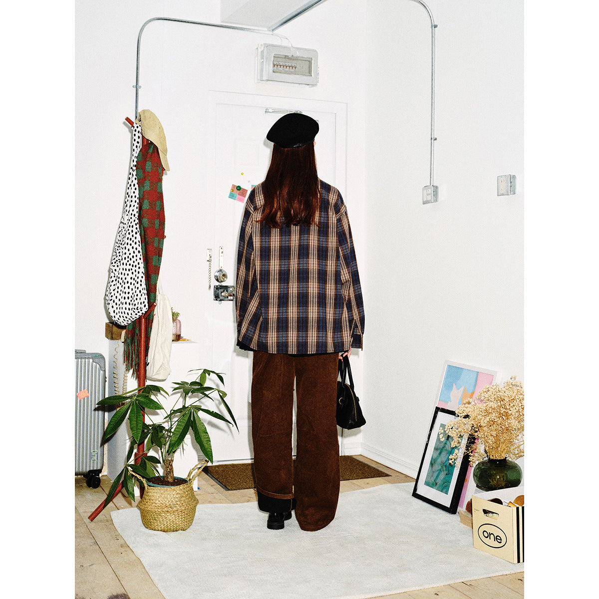 Men's Boxy Flannel Shirt Jacket with Checked Jacquard and Applied Chest Pocket Chichicherry