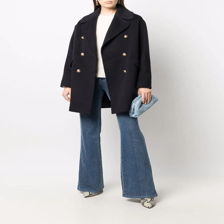 Women's Boxy Double-Breasted Short Coat made of Wool Blend with Golden Decorative Buttons Chichicherry