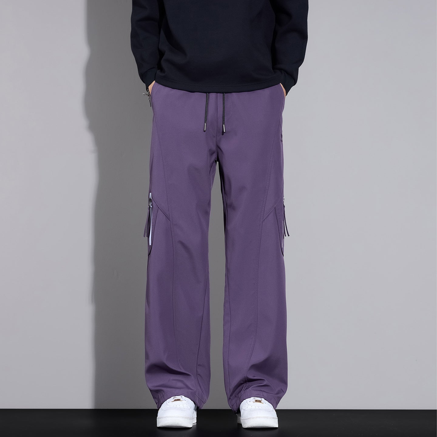 Men's Wide Cargo Pants with Drawstring and Zipper Pockets Chichicherry