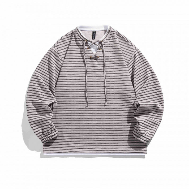 Unisex Striped Oversized Sweater with Lace Collar and Textured Knit Chichicherry