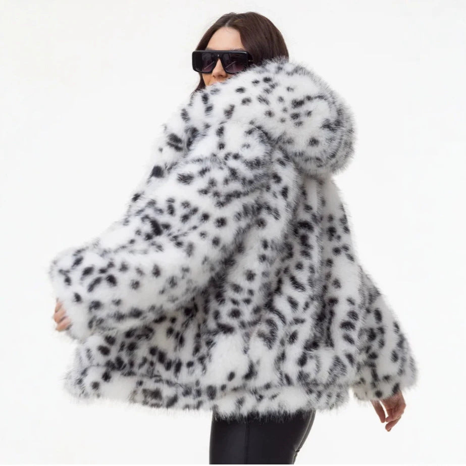 Women Short Hooded Faux Fur Jacket with Boxy Silhouette and Polka Dot Shaggy Texture Chichicherry