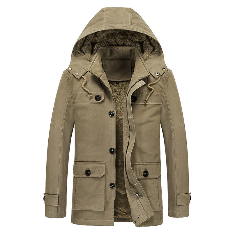 Men's Windproof Canvas Parka with Teddy Fleece Lining, Hood, and Multi-Function Pockets Chichicherry
