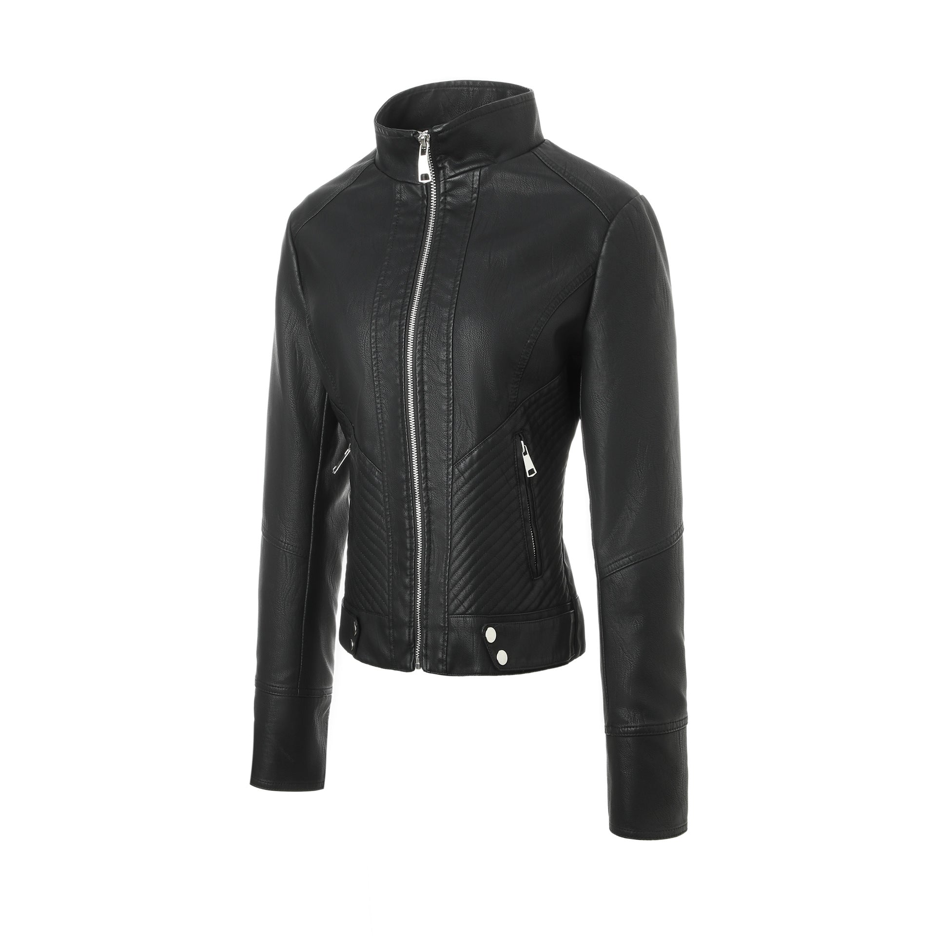 Women's Tailored Leather Jacket with Stand-Up Collar and Quilted Panels Chichicherry