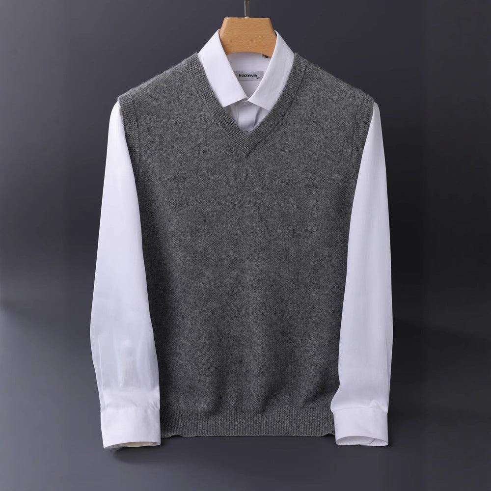 Men's Fine V-Neck Knit Vest Made of Merino Blend with Ribbed Hem Chichicherry