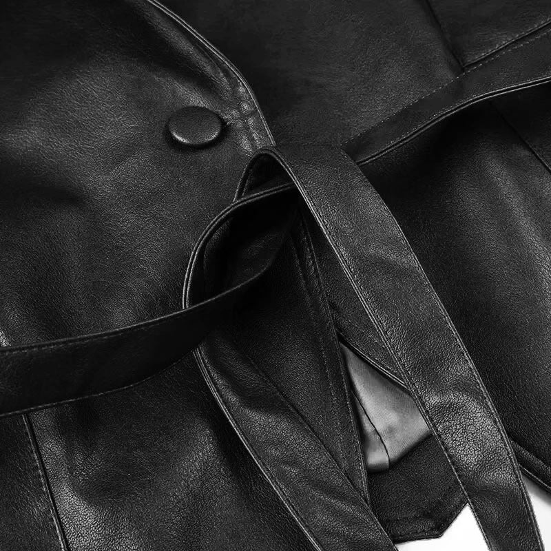 Women Tailored Faux Leather Jacket with Ties and Shoulder Lacing Chichicherry