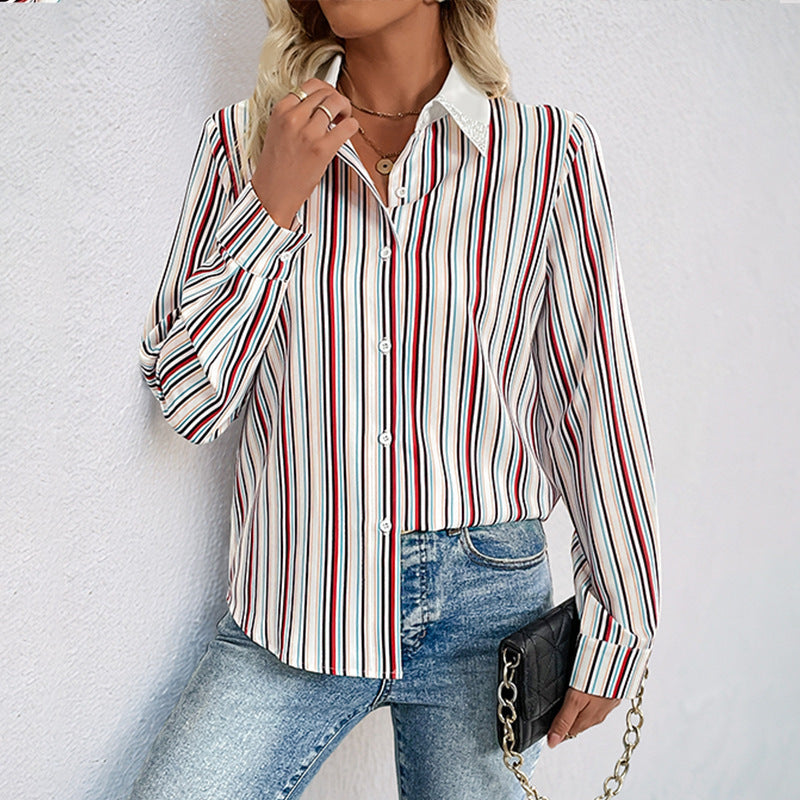 Women Striped Shirt Blouse with Decorative Collar and Long Sleeve Cuffs Chichicherry