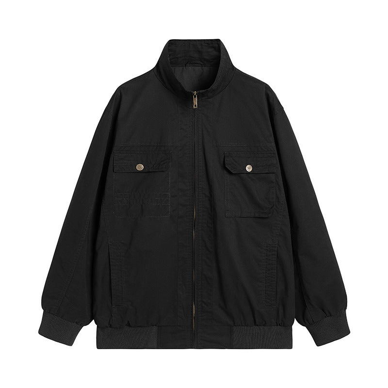 Men's Loose-Fitting Canvas Over Jacket with Stand-Up Collar and Flap Pockets Chichicherry