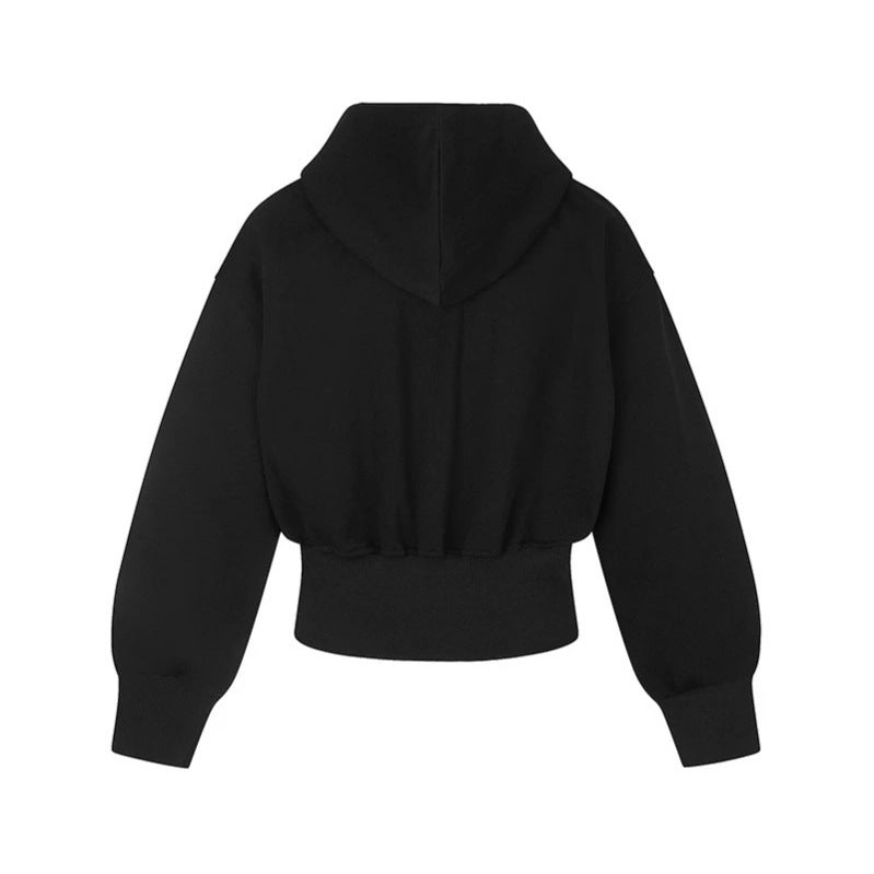 Ladies Short Hooded Sweat Jacket with Full Zip, Wide Ribbed Hem and Rhinestone Logo Chichicherry