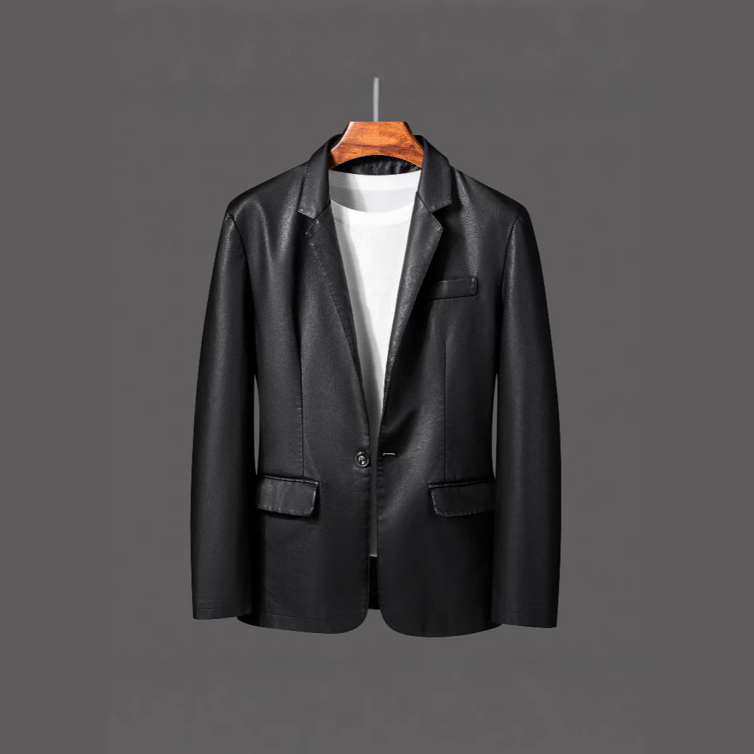 Men's Single-Breasted Blazer made of Faux Leather with Notch Lapel and Flap Pockets Chichicherry