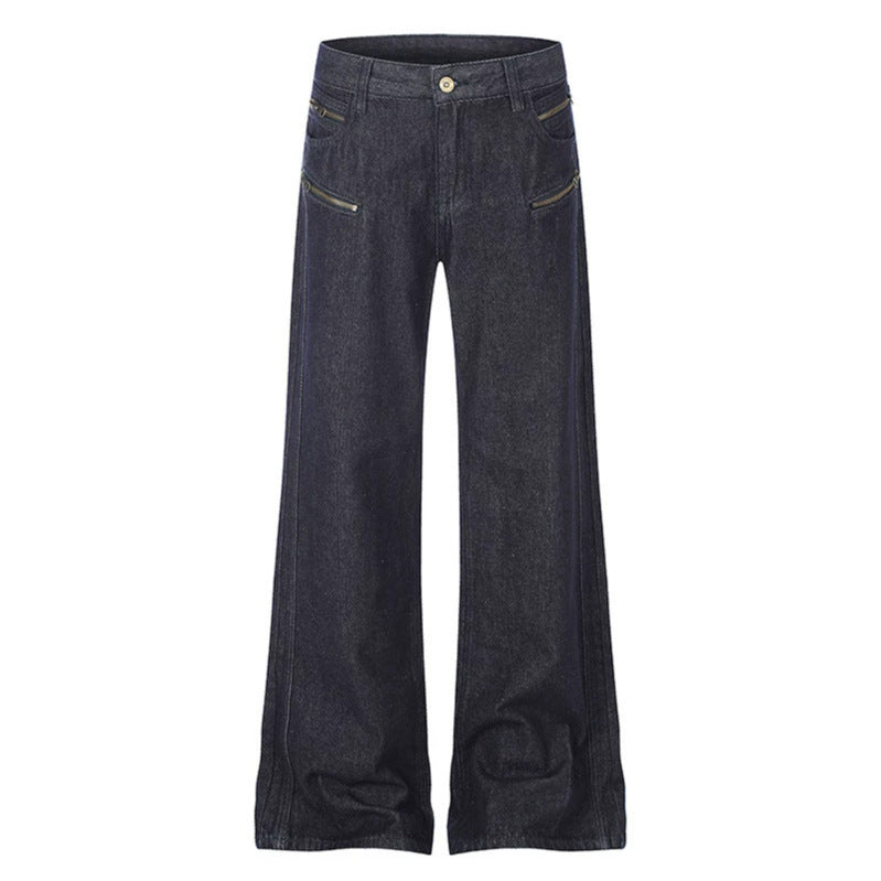 Women's Wide Denim Palazzo Jeans with High Waist and Decorative Zipper Pockets Chichicherry