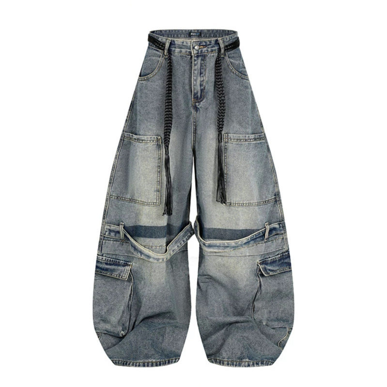 Women's wide denim cargo pants in balloon cut with large patch pockets and braided belt Chichicherry