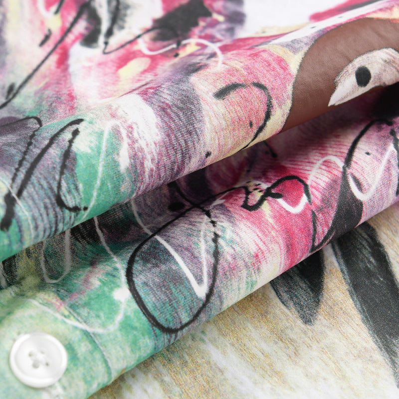 Women's long-sleeve shirt made of cotton poplin with artistic brush print and Kent collar Chichicherry