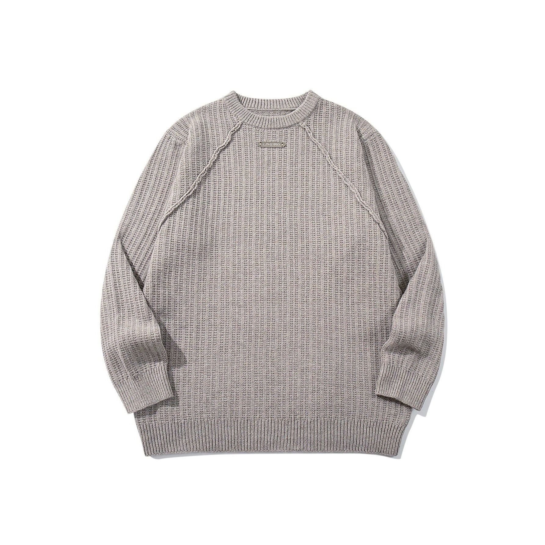 Unisex Structured Waffle Knit Crew Neck Sweater with Raglan Sleeves and Metal Logo Chichicherry