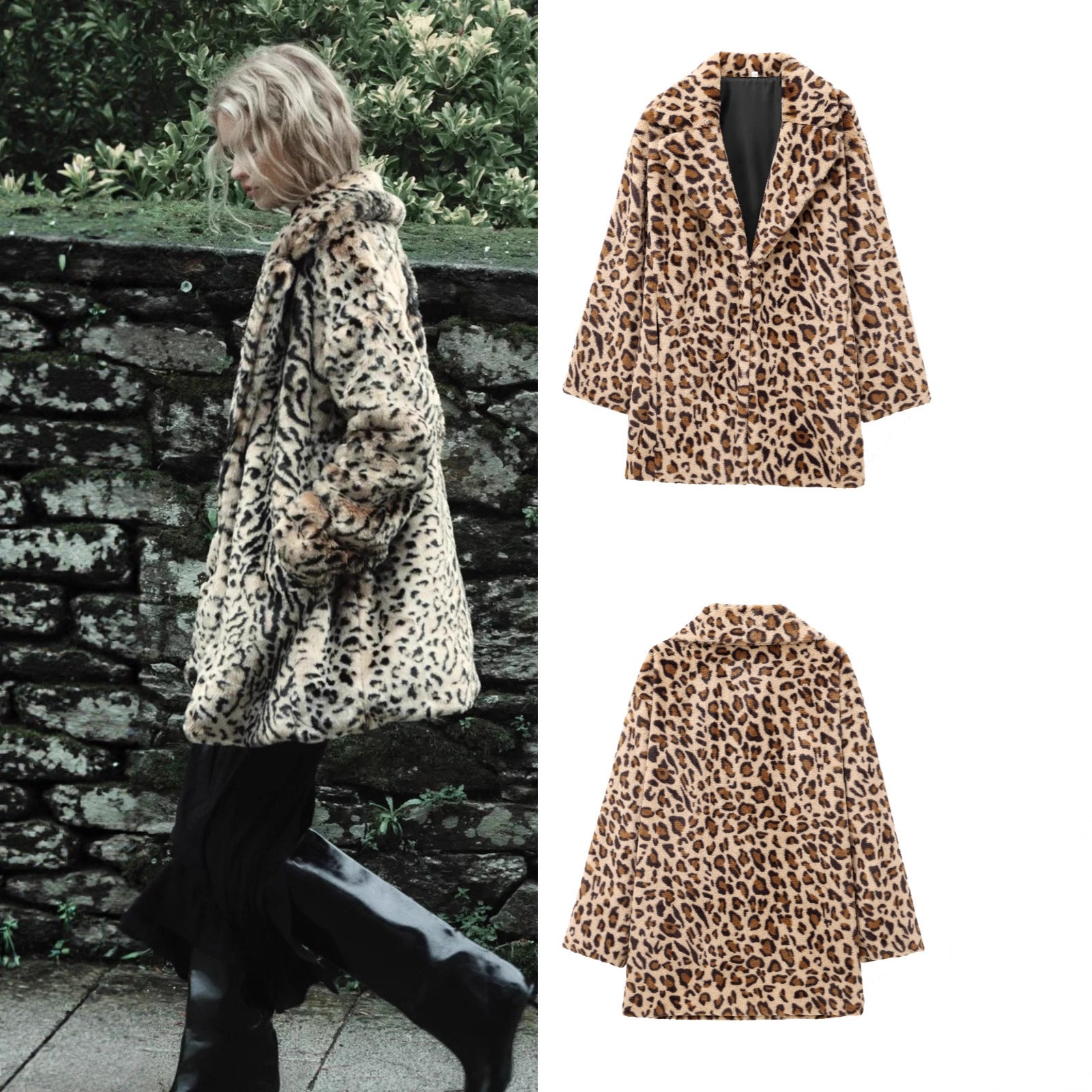Women's faux fur coat in oversized cut with lapel collar, tie belt and pockets Chichicherry
