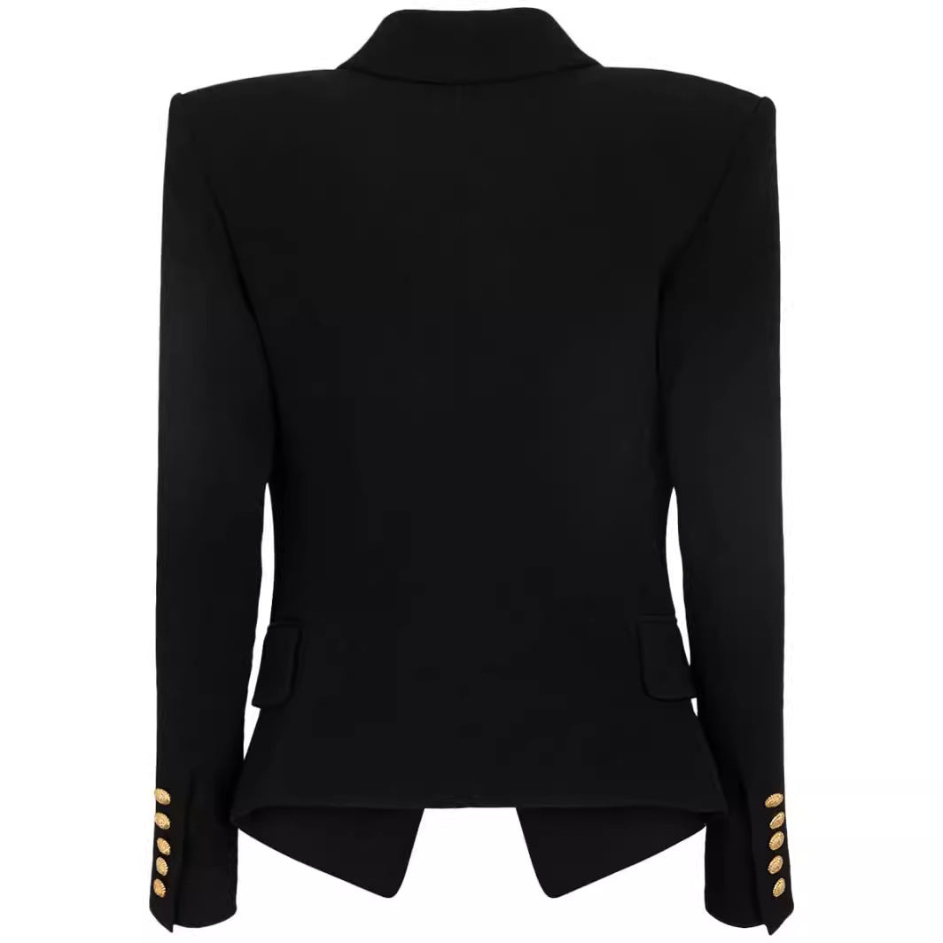 Women Slim-Fit Tuxedo Blazer in Tailoring with Emphasized Shoulder and Gold Decorative Button Placket Chichicherry