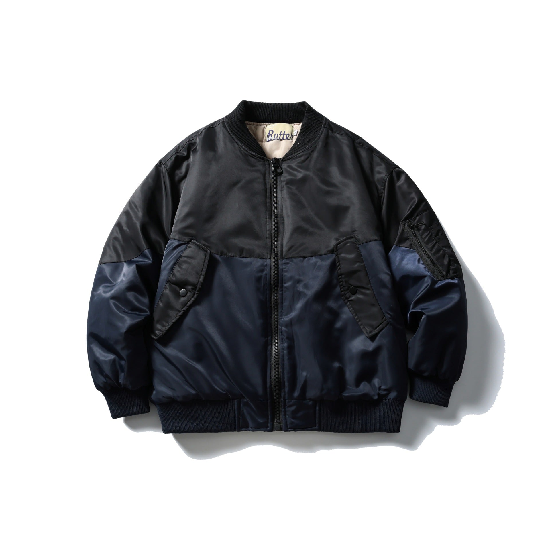 Unisex Short Cut Two-Tone Nylon Bomber Jacket with Utility Flap Pockets and Sleeve Zipper Chichicherry