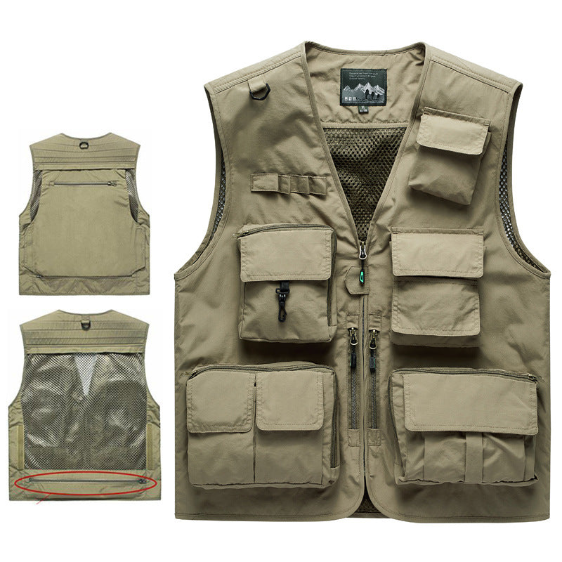 Men's multifunctional outdoor utility vest with mesh back, multiple front pockets and continuous zipper Chichicherry