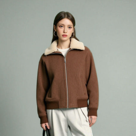 Women's Short Cut Teddy-Lined Suede Look Flight Jacket with Zipper Chichicherry