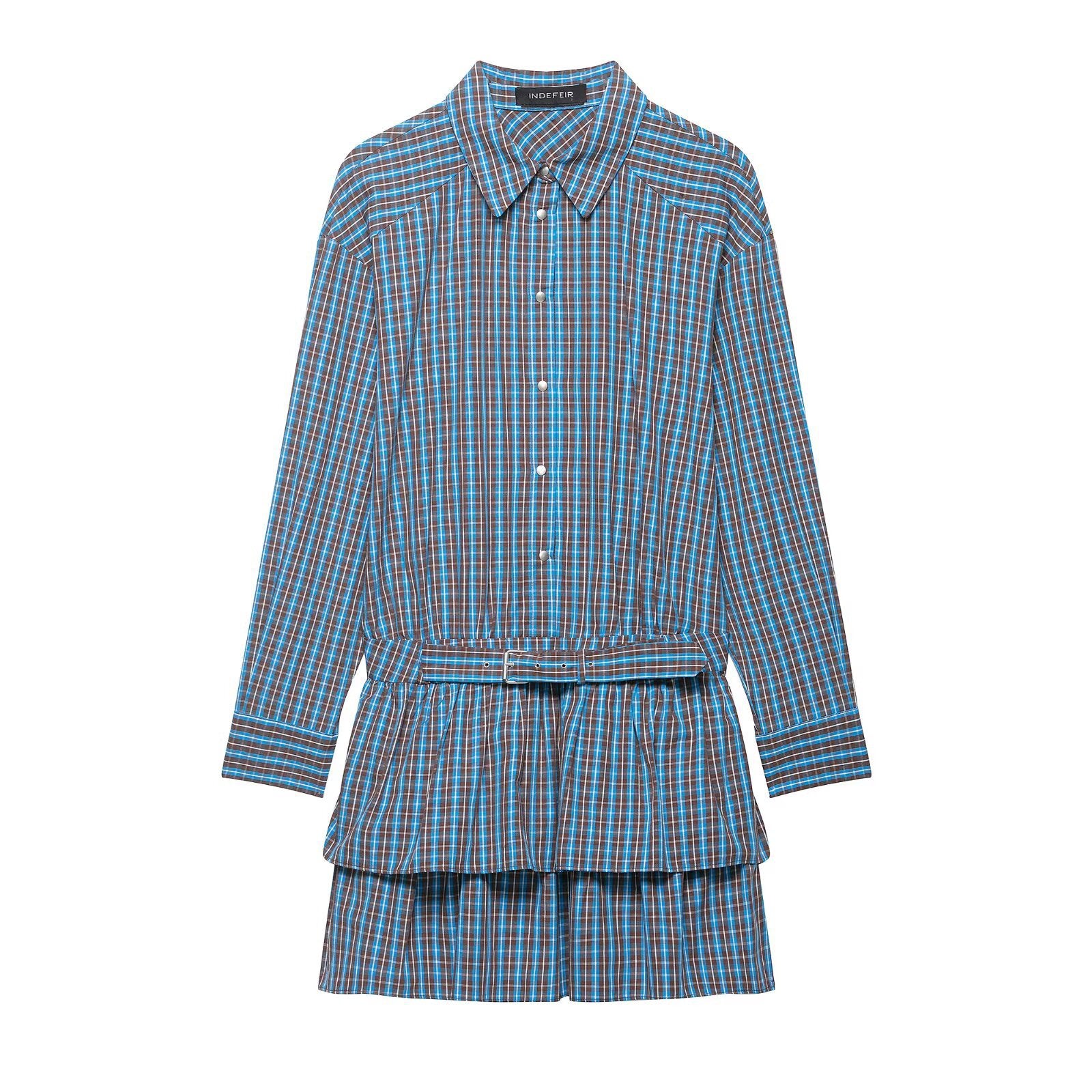 Women's Tailored Shirt Dress in Checkered Pattern with Tying Belt and Tiered Skirt Chichicherry