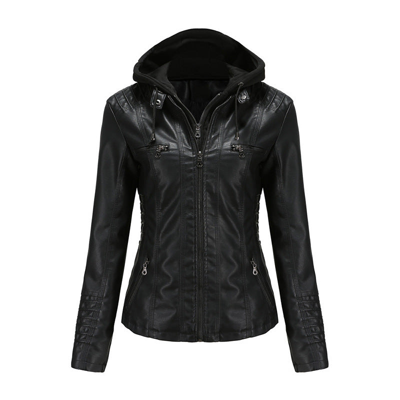 Women Tailored Faux Leather Jacket with Removable Hood and Zipper Chichicherry