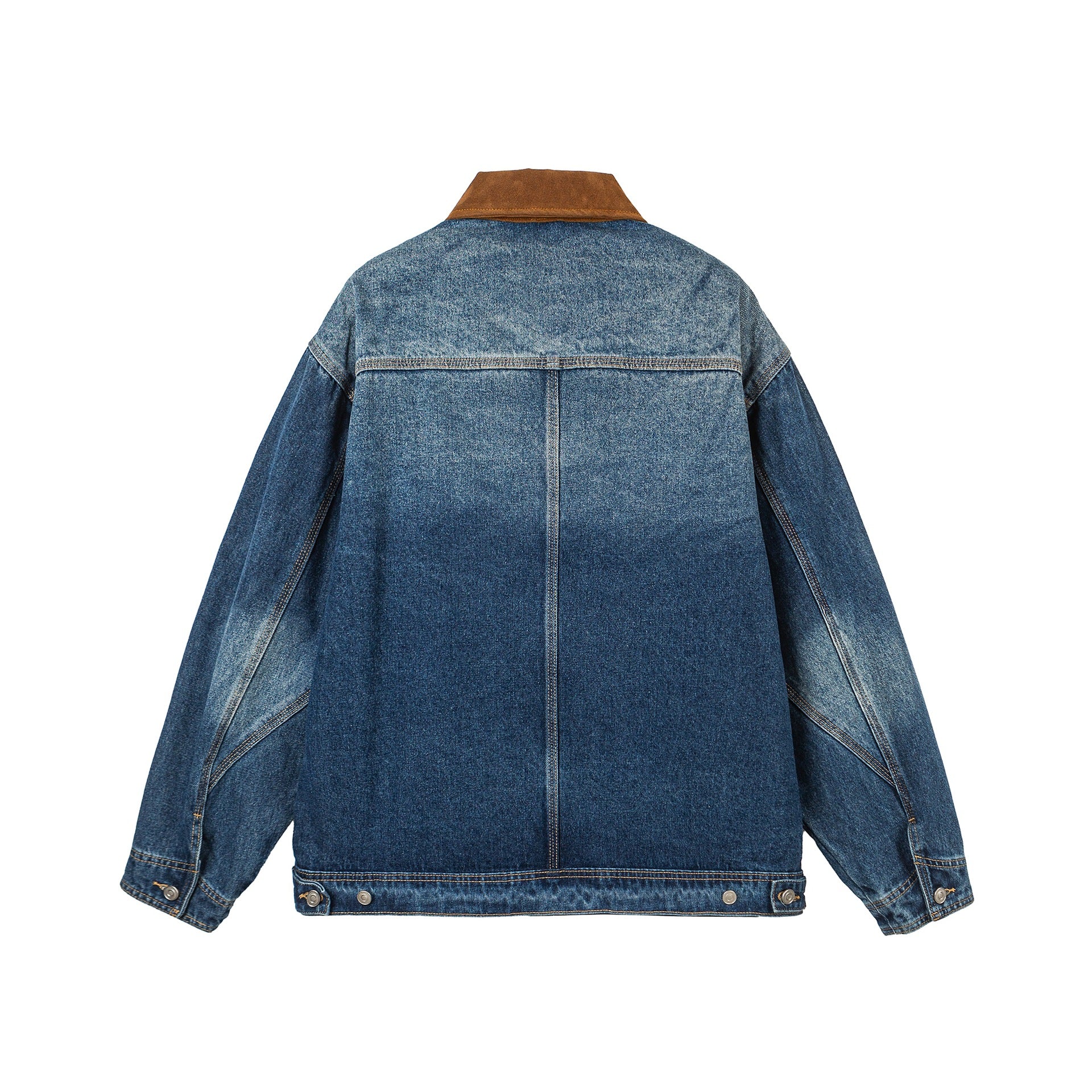 Women's Oversized Denim Jacket with Suede Collar, Concealed Zipper and Distinctive Pockets Chichicherry