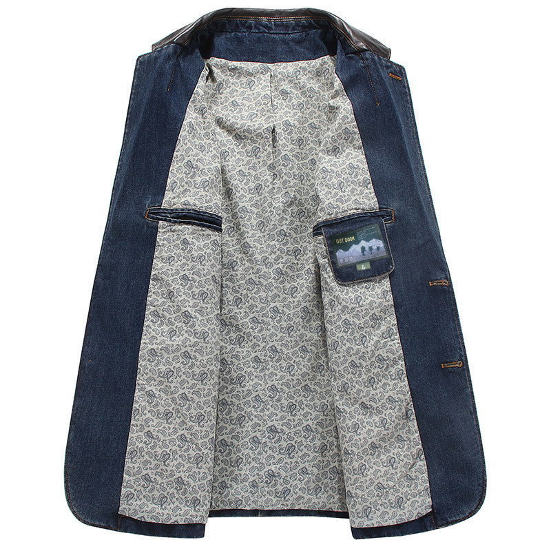 Men's jeans blazer with faux leather trim and paisley lining Chichicherry
