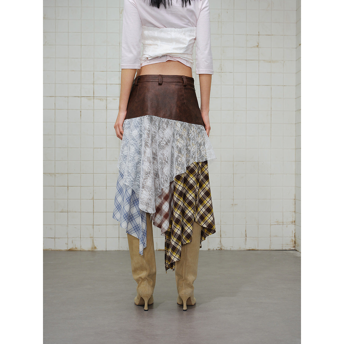 Women Asymmetrical Layered Skirt with Faux Leather Waistband and Plaid Mix Chichicherry