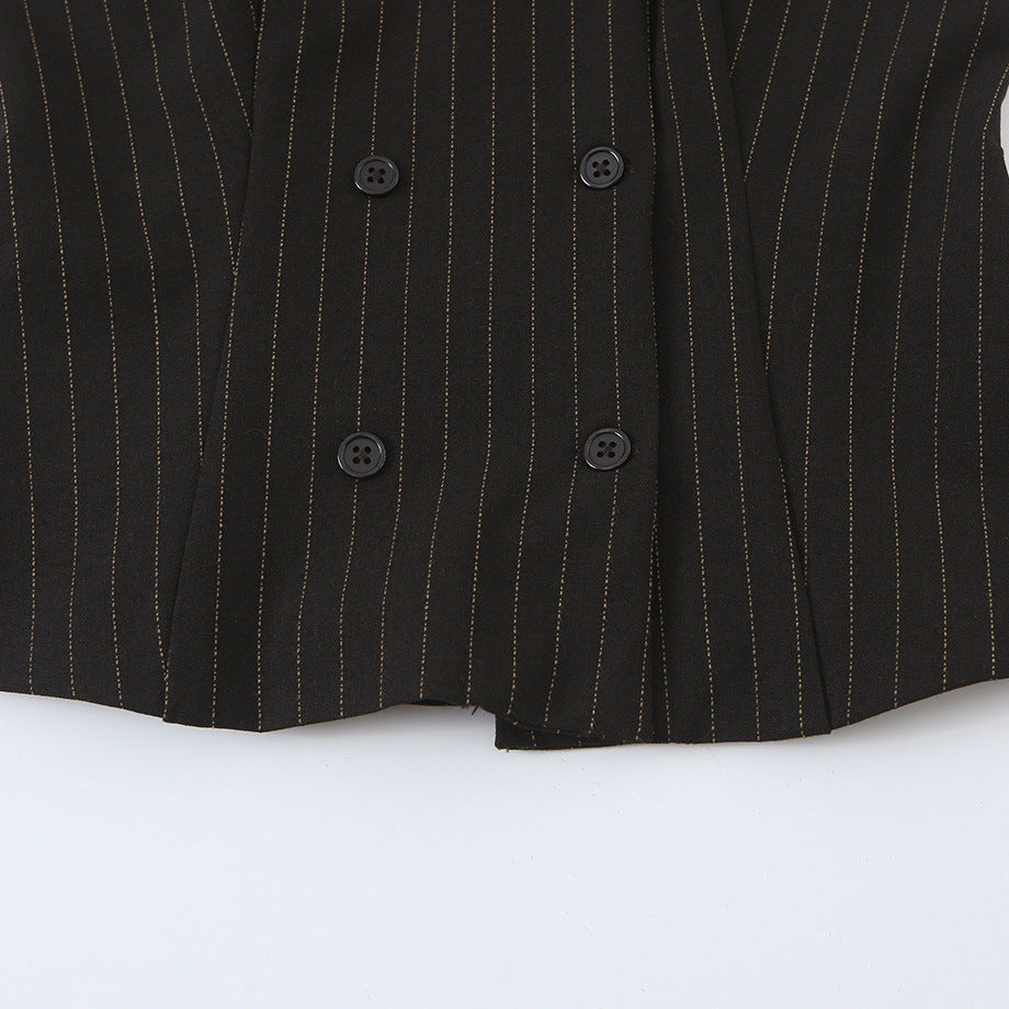 Women Tailored Short Sleeve Waistcoat with Pinstripes and Double Button Placket Chichicherry
