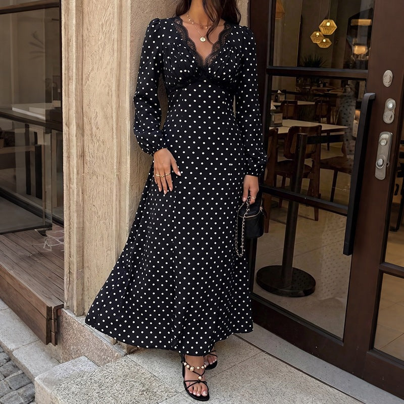 Women's Polka-Dot Maxi Dress with Lace V-Neck, Empire Waistline, and Long Flowing Skirt Chichicherry