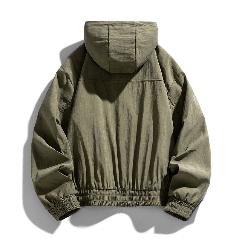 Men's Oversize Canvas Utility Hoodie Jacket with Hidden Snap Button Placket and Zipper Pockets Chichicherry