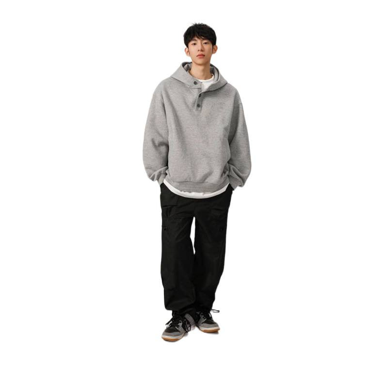 Herren Oversized Kapuzenpullover mit 3‑Knopf‑Leiste und seitlichen Eingrifftaschen Chichicherry