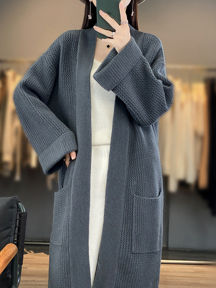 Women's Long Oversize Knit Cardigan with Textured Pattern and Patch Pockets Chichicherry